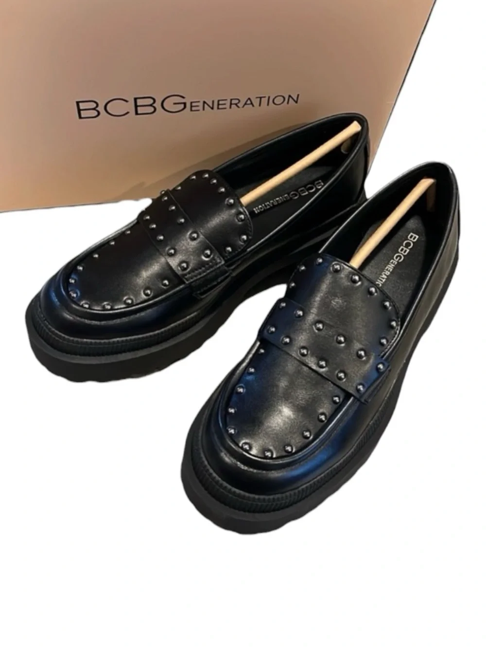 BCBGENERATION MARLEY PLATFORM STUDDED LOAFERS BLACK SIZE 8.5 NEW IN BOX